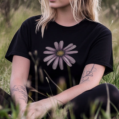 Woman Wearing Wildflower Martina Black Tshirt.