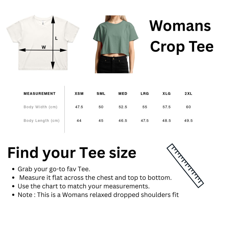 Size chart for Christmas Crop Top | Womans | Dreamin Of A Wet Christmas | Green Tree Frog