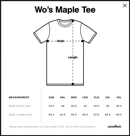 Sizing chart showing all the sizing and fits for Womens Maple Tee- AS Colour