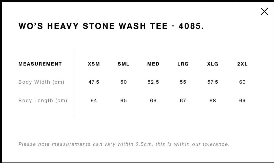 Measurement chart for a women's heavy stone wash tee with size options and dimensions.