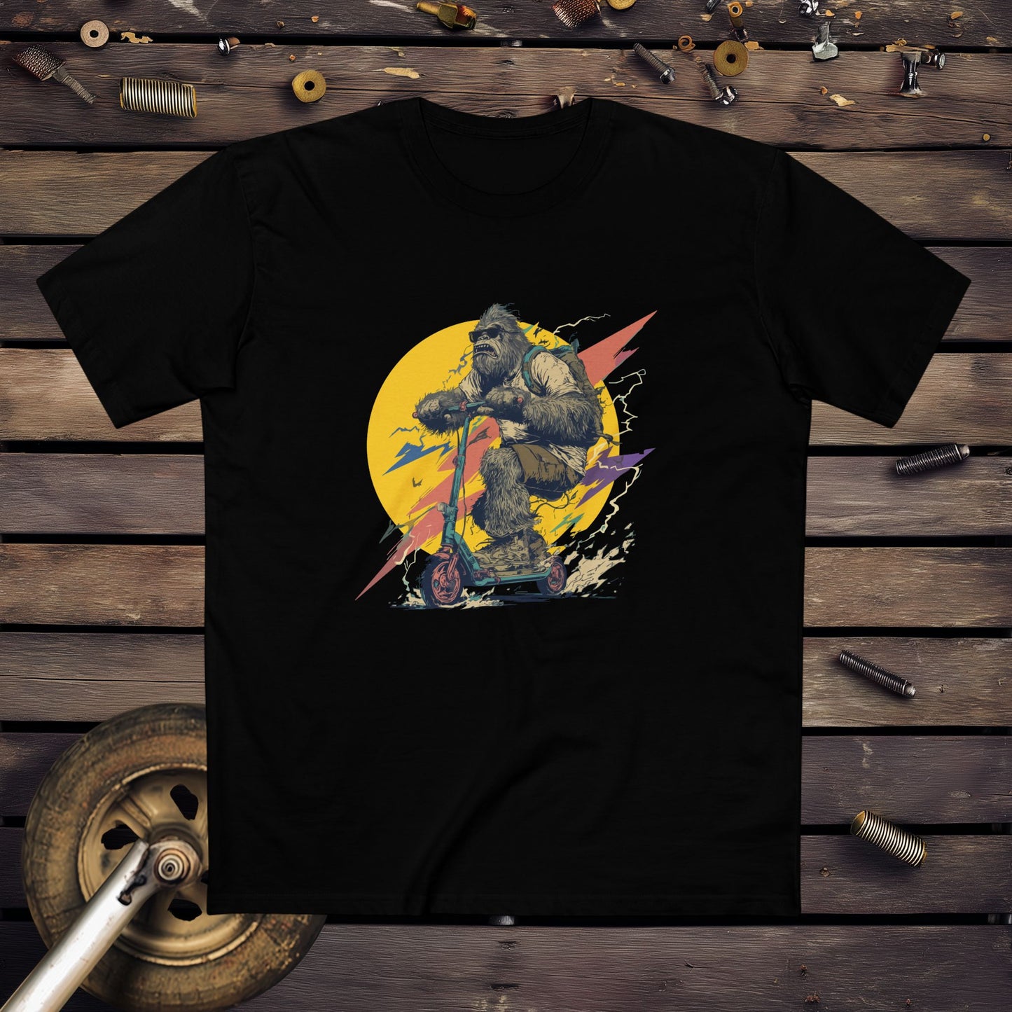Yowie Bigfoot on a scooter graphic design - Black t-shirt 