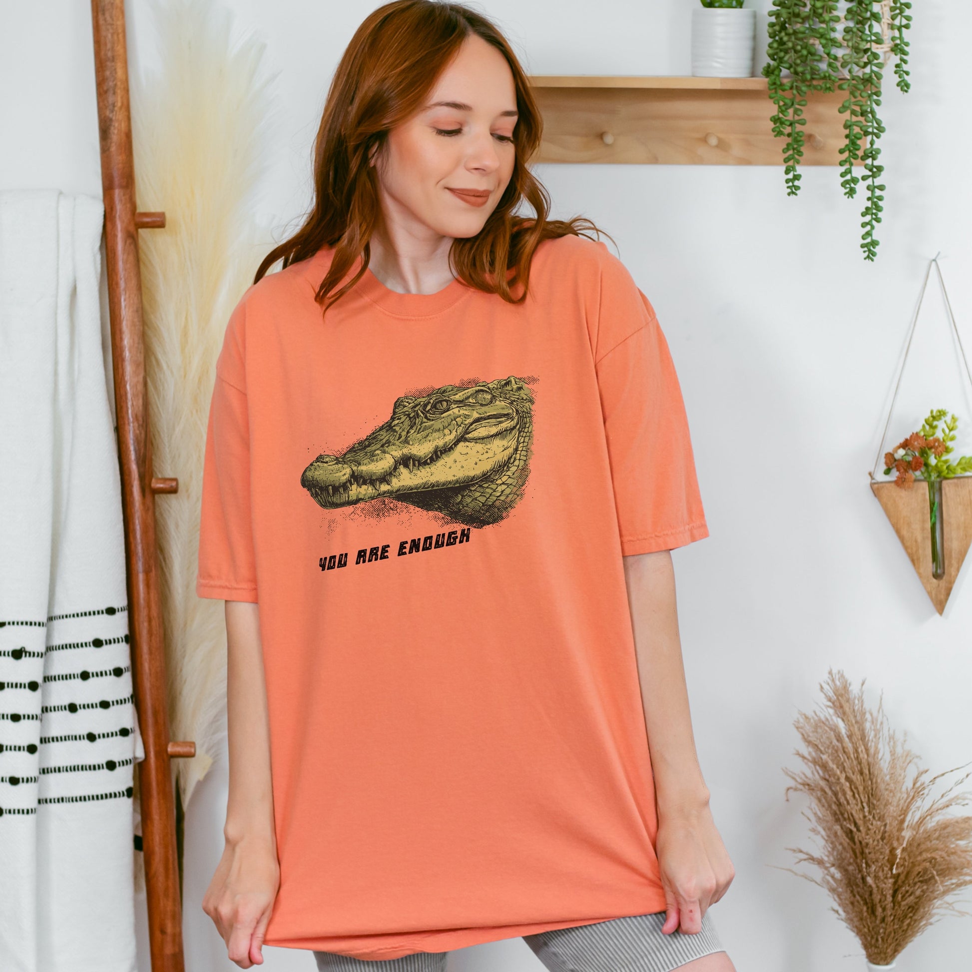 You Are Enough - Croc TShirt in terracotta colour modelled by a woman