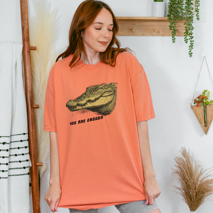 You Are Enough - Croc TShirt in terracotta colour modelled by a woman