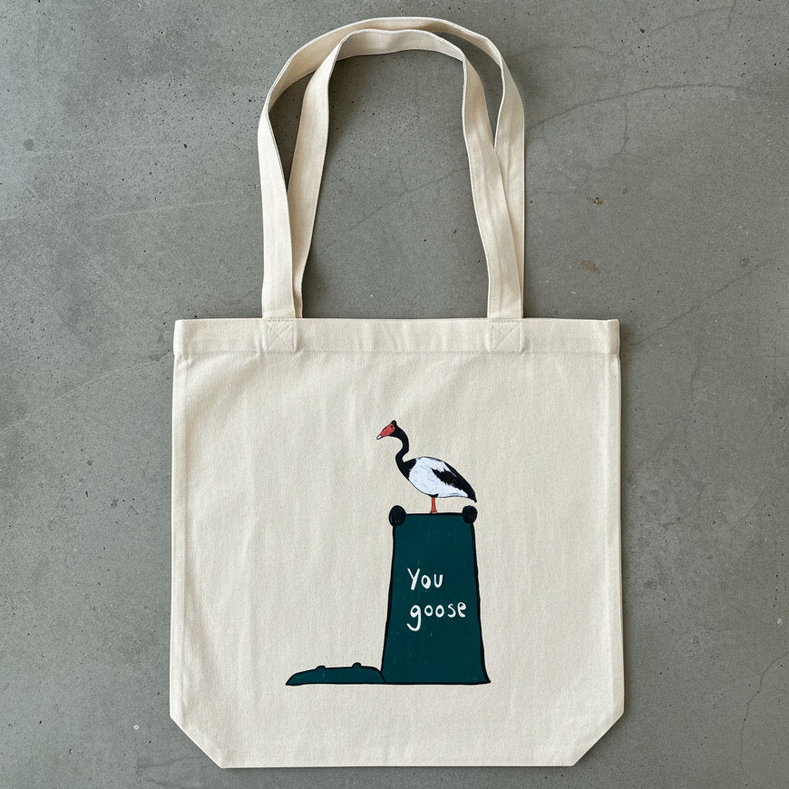 Tote bag with a magpie goose standing on a wheelie bin