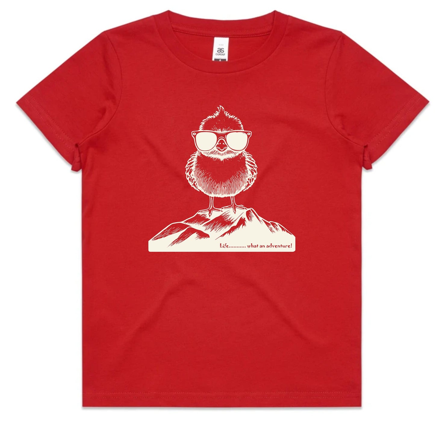 A red short-sleeve crewneck t-shirt featuring a white line art graphic of a bearded bird wearing sunglasses on a mountain peak, with the text 'I'm what I am supposed to be' printed below.