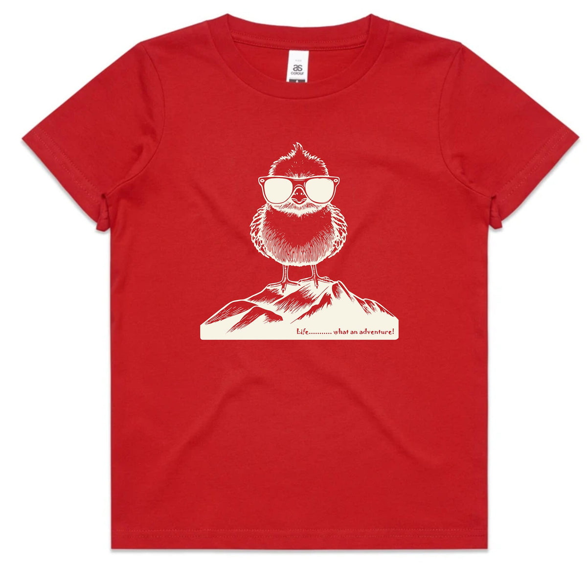 A red short-sleeve crewneck t-shirt featuring a white line art graphic of a bearded bird wearing sunglasses on a mountain peak, with the text 'I'm what I am supposed to be' printed below.