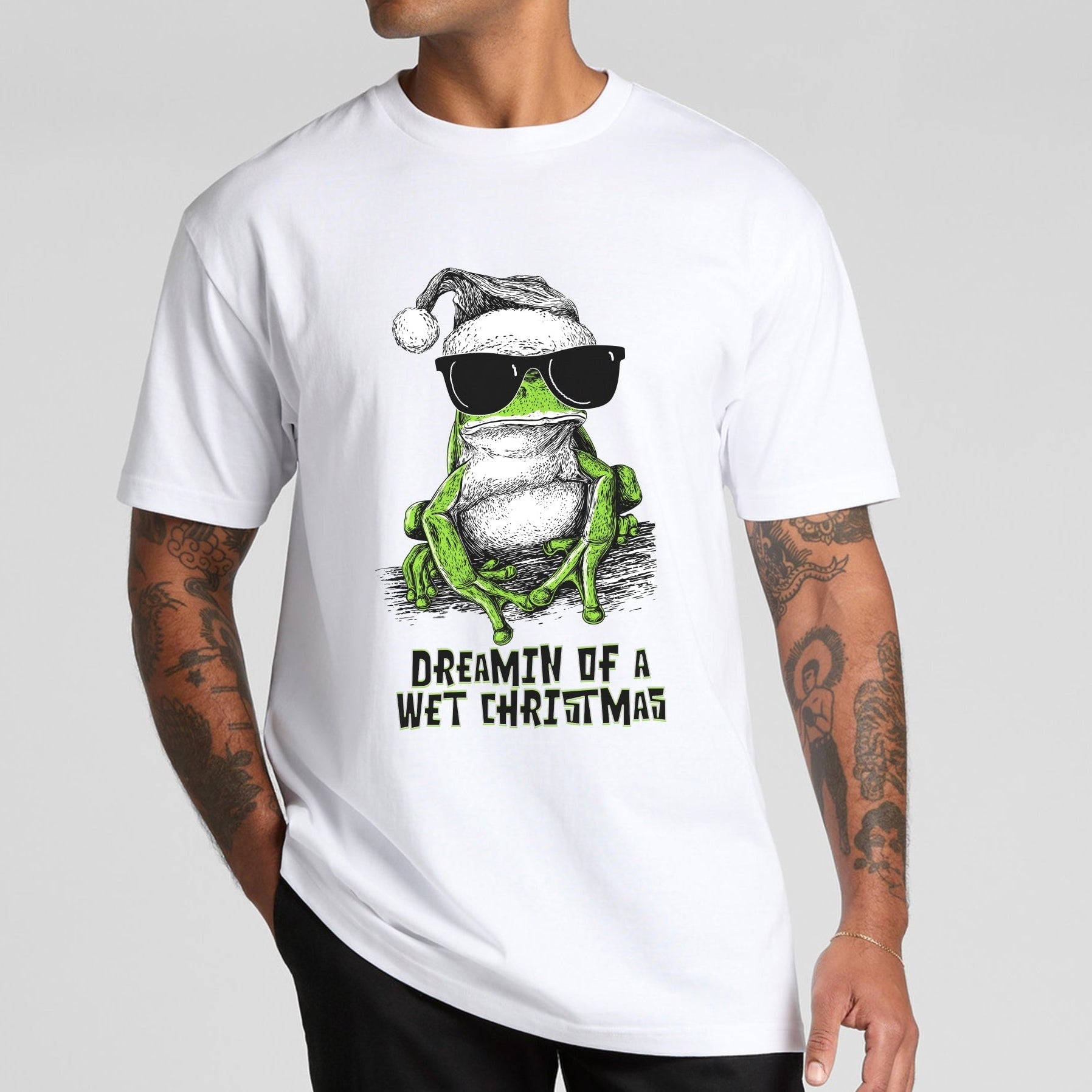 Green tree frog Christmas T-shirt — illustrated frog wearing sunnies and a Santa hat with the text “Dreamin’ of a Wet Christmas” printed on a white tee.