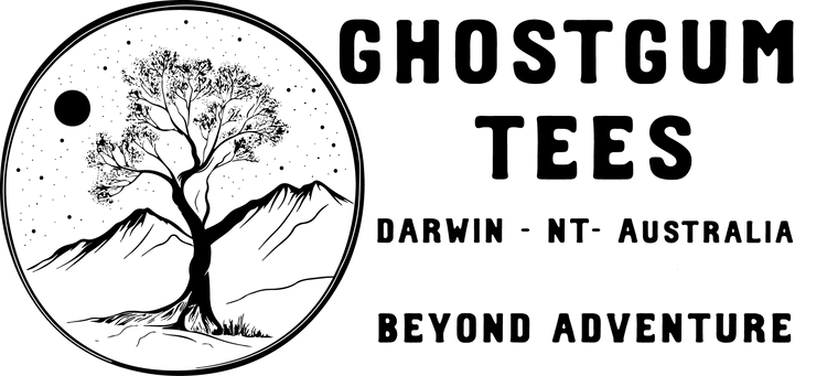Logo for Ghostgum Tees with a tree and mountain design, located in Darwin, NT, Australia.