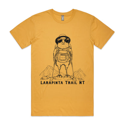 Hiking Budgie T-shirt -Larapinta Trail NT– cartoon budgerigar with trekking gear on mustard AS Colour Staple Tee.