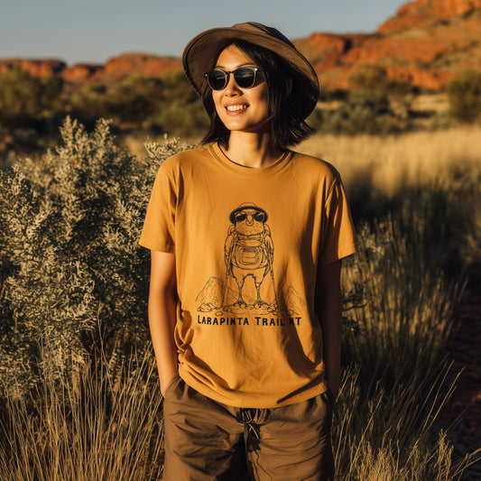 Woman Hiker wearing larapinta trail hiking budgie t-shirt