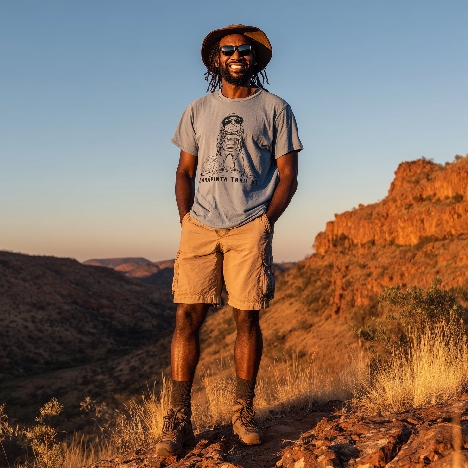 Male Hiker wearing Larapinta trail NT Hiking Budgie T-Shirt in Central Australia
