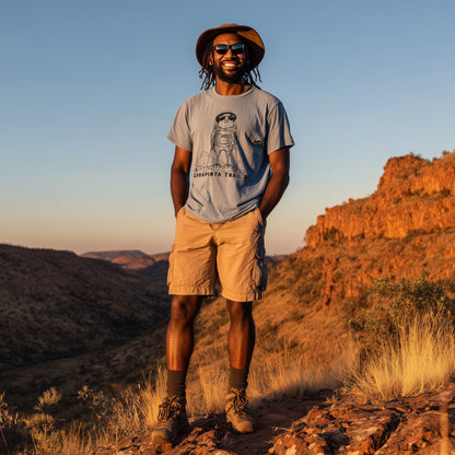 Male Hiker wearing Larapinta trail NT Hiking Budgie T-Shirt in Central Australia