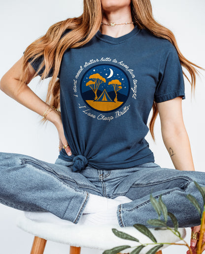 I love cheap thrills camping graphic tee worn by female in jeans