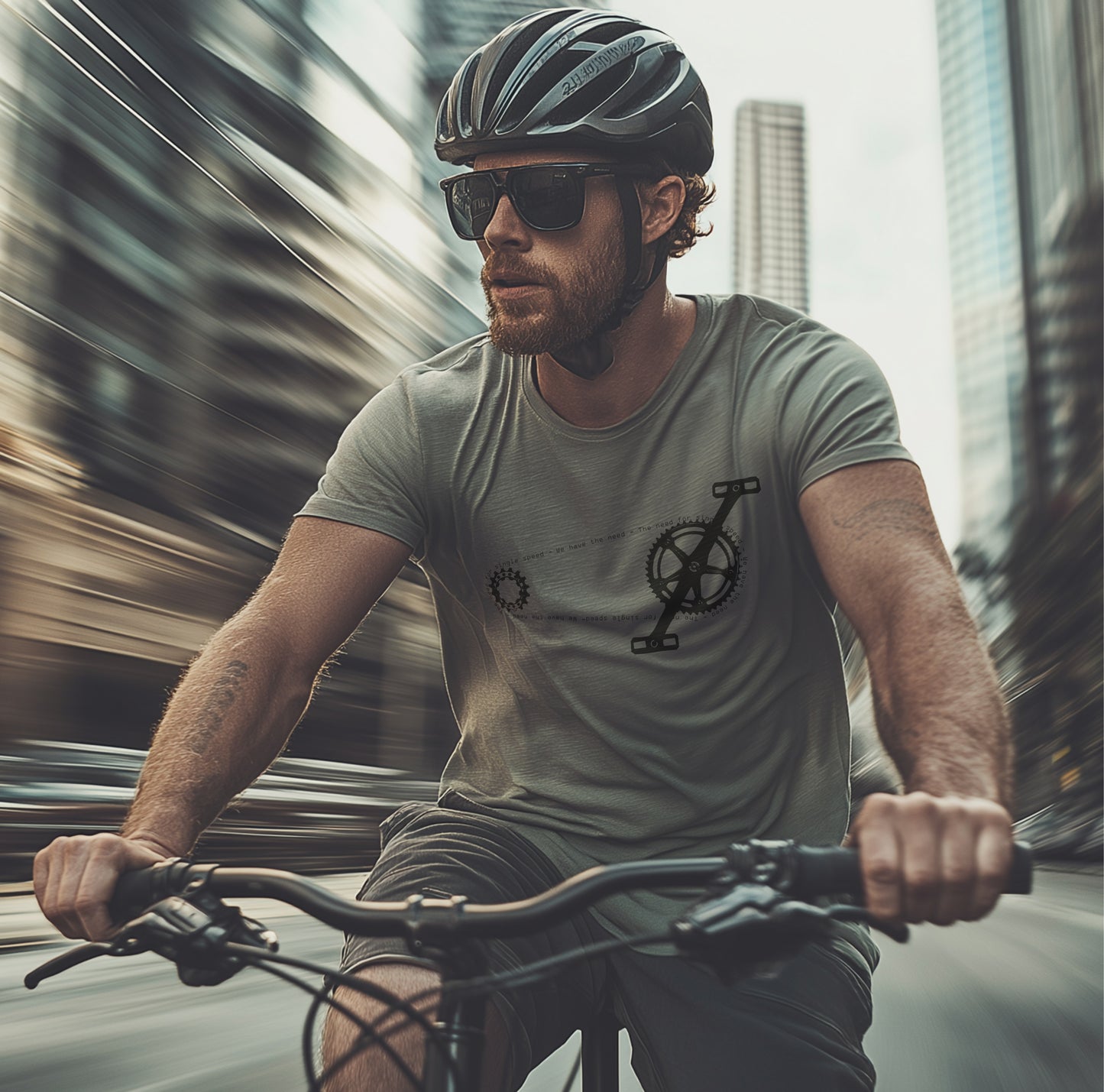 Man riding a bicycle through a city wearing a sage green graphic t-shirt with a black bike chain and crank design, helmet and sunglasses, urban streetwear vibe.