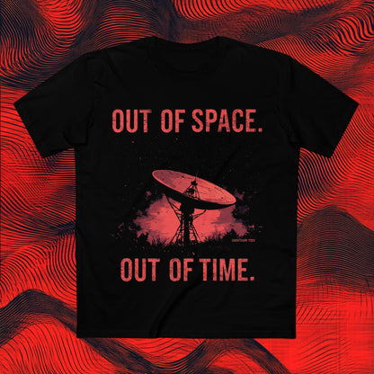Black T-shirt with a red-toned satellite dish illustration under a starry sky, featuring bold text “OUT OF SPACE. OUT OF TIME.” from Ghostgum Tees.