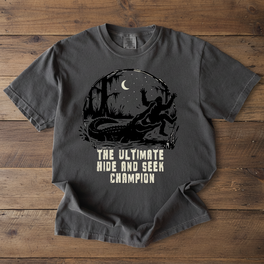 A dark gray graphic t-shirt featuring a black circular illustration of a croc eating bigfoot under crescent moon, with the text 'THE ULTIMATE HIDE AND SEEK CHAMPION' printed below in a distressed cream font.