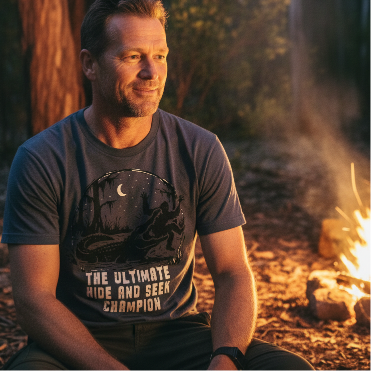 A man sitting outdoors in a forest near a campfire, wearing a dark gray graphic t-shirt with a moon and mountain design and the text 'THE ULTIMATE HIDE AND SEEK CHAMPION'.